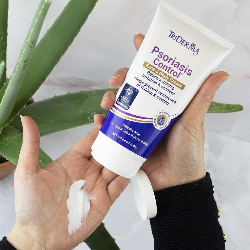 TriDerma كريم التحكم في الصدفية للوجه والجسم - قوة قصوى 3% حمض الساليسيليك، جل الألوة فيرا AP4، كريم يوريا - علاج مرطب إضافي، بدون كورتيزون أو قطران الفحم - مؤهل لـ FSA - 6 أونصات - Image 4
